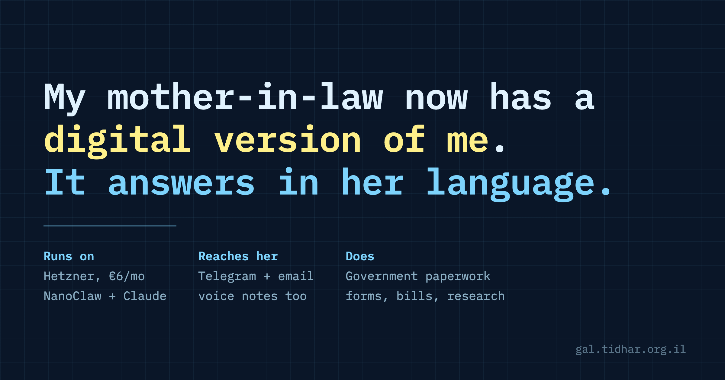 My mother-in-law now has a digital version of me - it answers in her language - above a breakdown of what it runs on, how it reaches her, and what it does