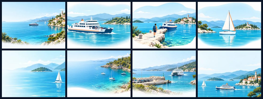 Eight painted Adriatic images: a coast, a car ferry, a walk-on passenger, a sailing boat, a boat band, an anchorage cove, a port and a phone-size coast