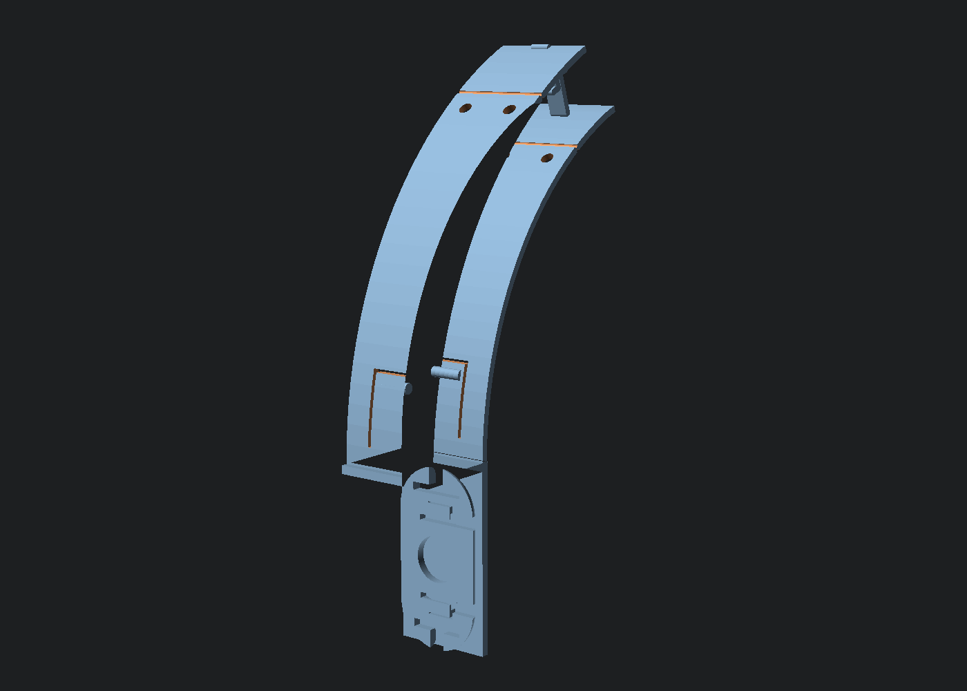 OpenSCAD isometric render of version 20 showing the U-slot leaf springs, the zip-tie holes and the seam grooves on both arms