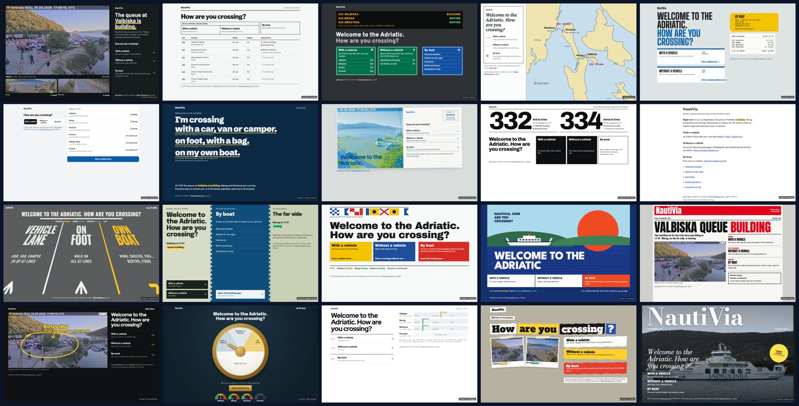 A contact sheet of twenty very different homepage concepts for nautivia.eu