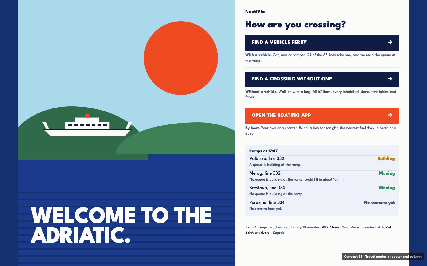 Concept 14D, a travel-poster style homepage with a large sun and a ferry