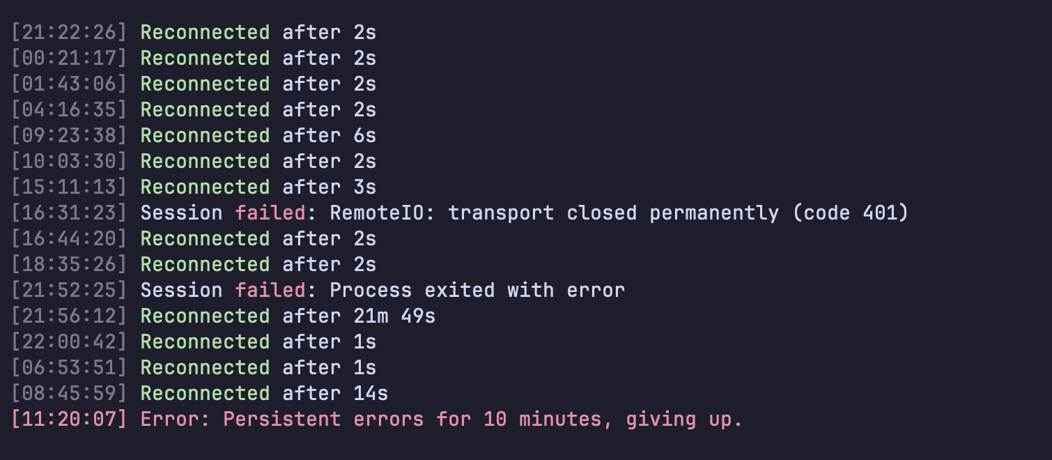claude rc log: thirteen reconnects over nearly three days, then Persistent errors for 10 minutes, giving up