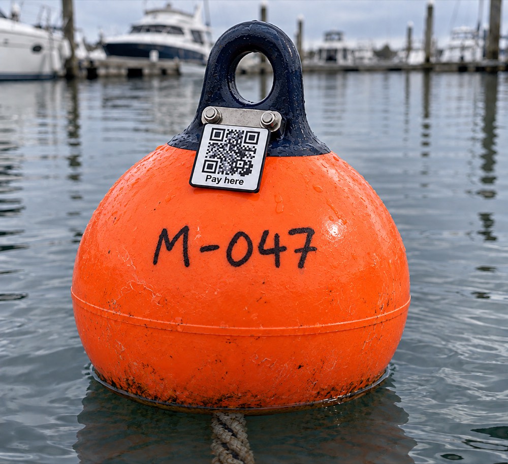 An orange mooring buoy with a QR tag plate reading Pay here
