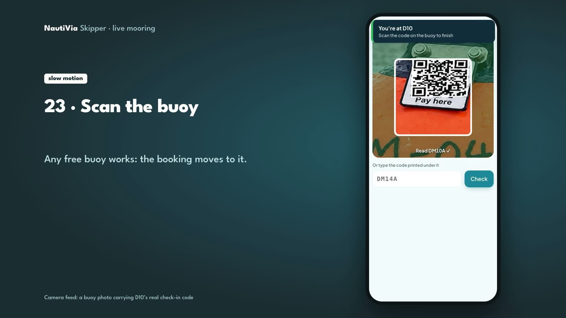 The app's scan screen reading the QR on the buoy