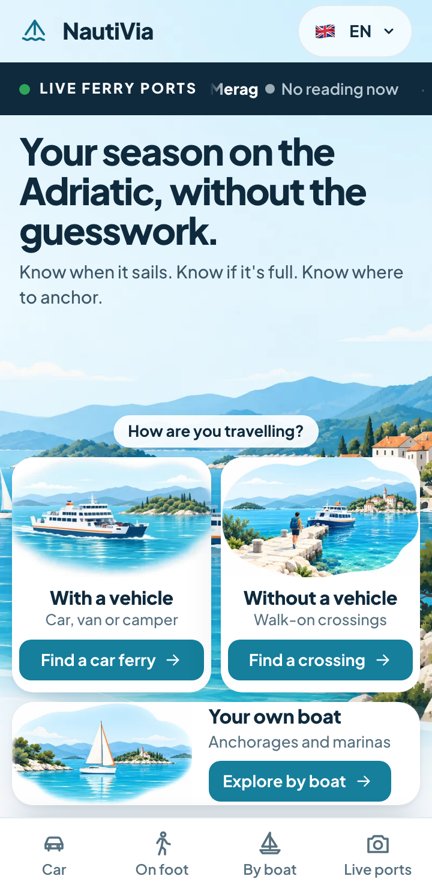 The nautivia.eu homepage after the fix on a 360 pixel phone: each card has a button, Find a car ferry, Find a crossing, Explore by boat, and a bottom tab bar