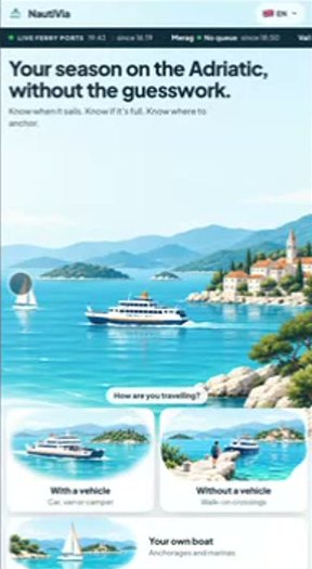 The nautivia.eu homepage on a phone emulator as the friend saw it: a headline, a painted sea, and three picture cards for with a vehicle, without a vehicle and your own boat, with no visible button